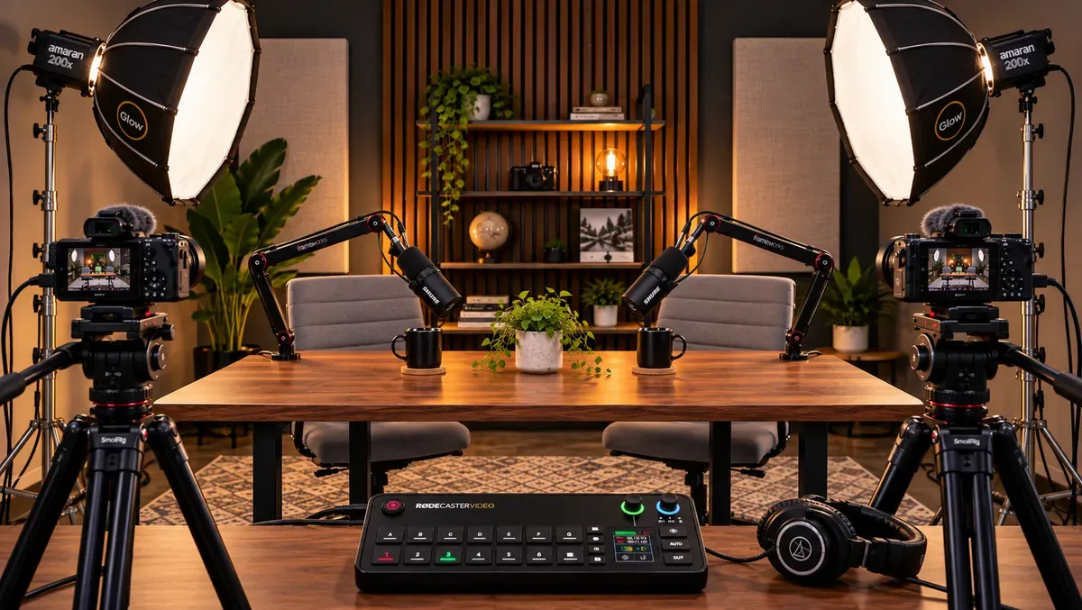 Two-person video podcast studio with two cameras, boom-mounted microphones, softbox lighting, and a RØDECaster Video switcher